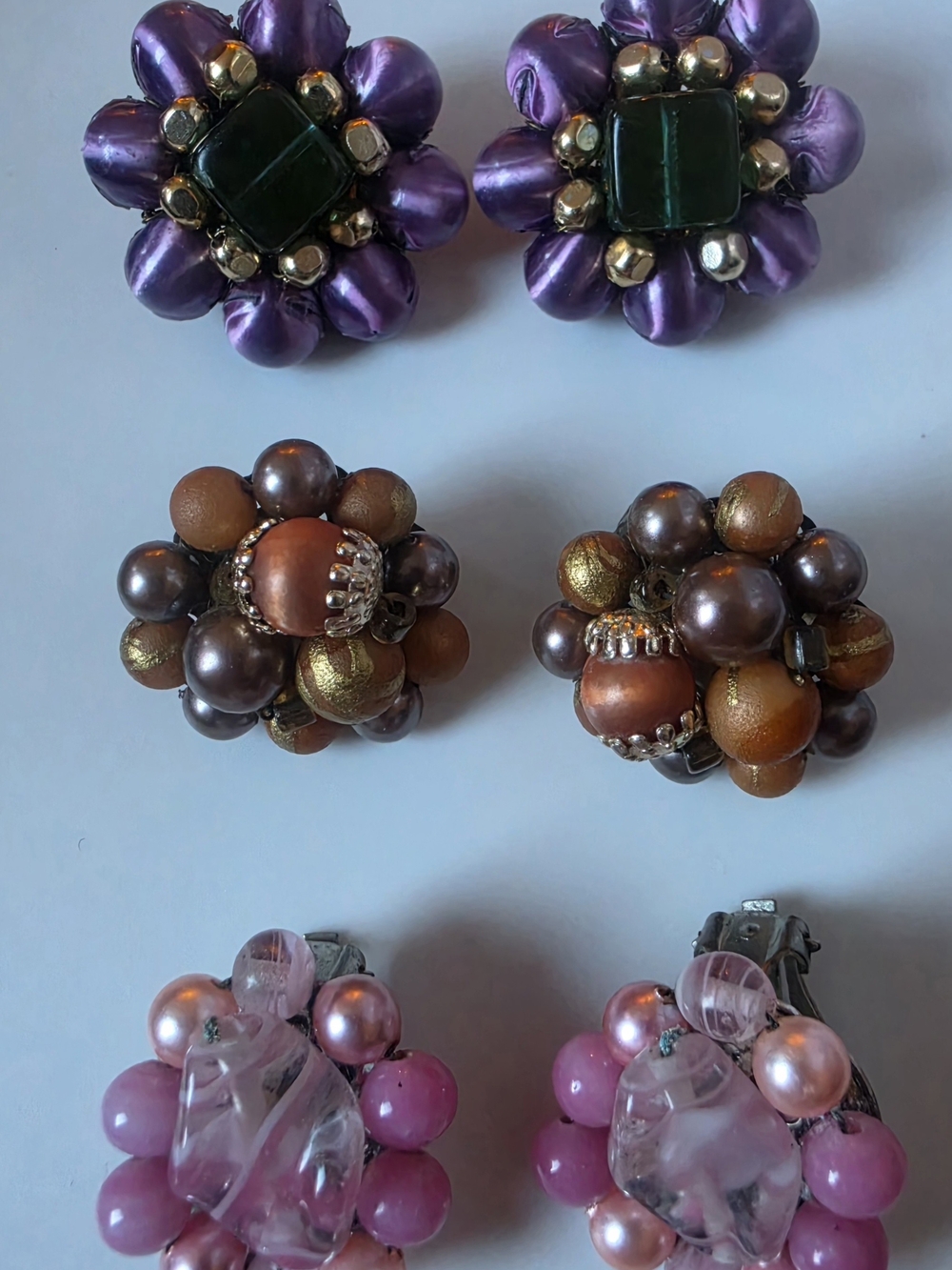 Vintage Lot Of Japan Purple, Brown and Pink Cluster Clip-On Earrings